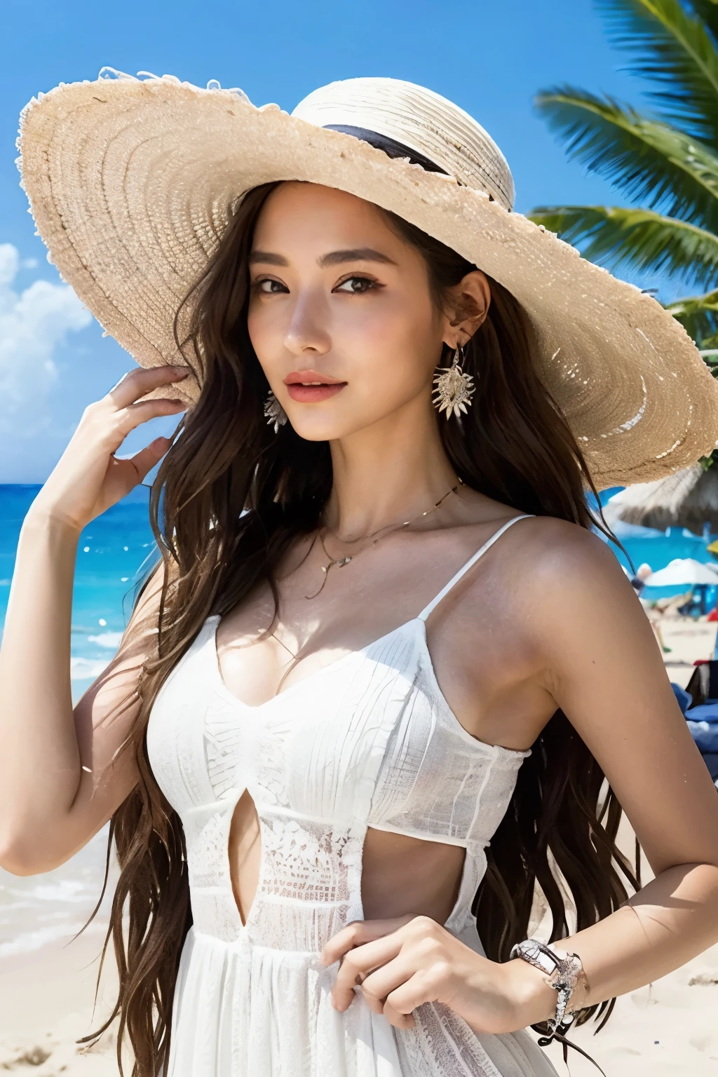 (masterpiece:1.2, best quality), (1 cute lady, solo, upper body:1.2), Clothing: white flowy maxi dress, wide-brimmed hat, strappy sandals, Accessories: shell necklace, Hair: loose beach waves, Makeup: natural, glowing skin, Behavior: relaxed, carefree, free-spirited, Location: beach, resort, outdoor festival, red eyes, huge ,