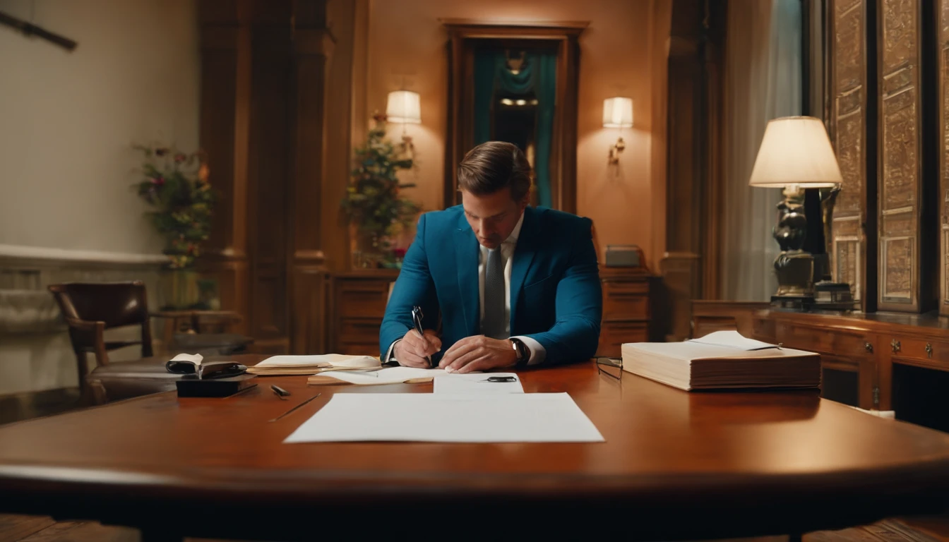 1man, back shot, sit in a chair and write something on the desk