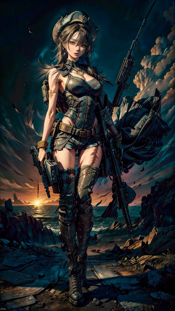 (Photographic:1.3, 16k, highest quality, masterpiece, Ultra-high resolution), Perfect dynamic composition:1.2, Highly detailed skin and facial textures:1.2, Covered in scars:1.2, (The end of the world:0.5, military base:0.6, Contrasting with the desolate background:0.7, Increase the disruptive element:0.7, Debris and impurities scattered around:0.7), (Dynamic action pose:1.0, Professional camera work:1.0, Aim with a gun:1.0), Beautiful Japanese women serving in the US military, Incredibly slim body, Fair skin, Very beautiful face, Stern expression, (Automatic rifle:0.7, Bulletproof vest:0.7, Torn military uniform:0.7, Backpack:0.7, boots:0.7), Shapely breasts, Chest gap, Big eyes that exude beautiful eroticism, Lips that exude beautiful eroticism, Cowboy Shot, necklace, Earrings, bracelet, Tattoo:0.5, military cap