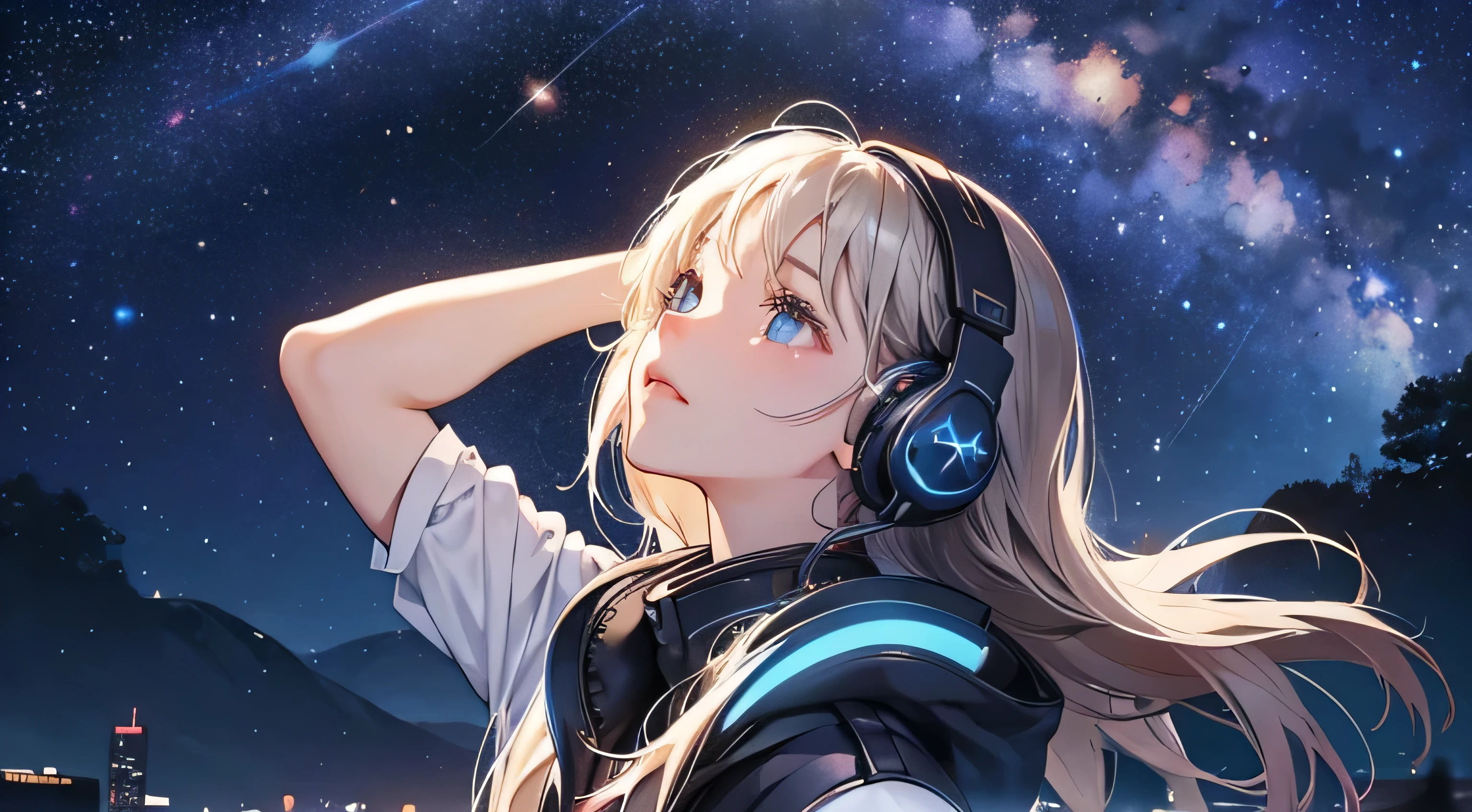 A girl listening to music through headphones. Beautiful starry sky in the background. The girl is looking up at the night sky.
