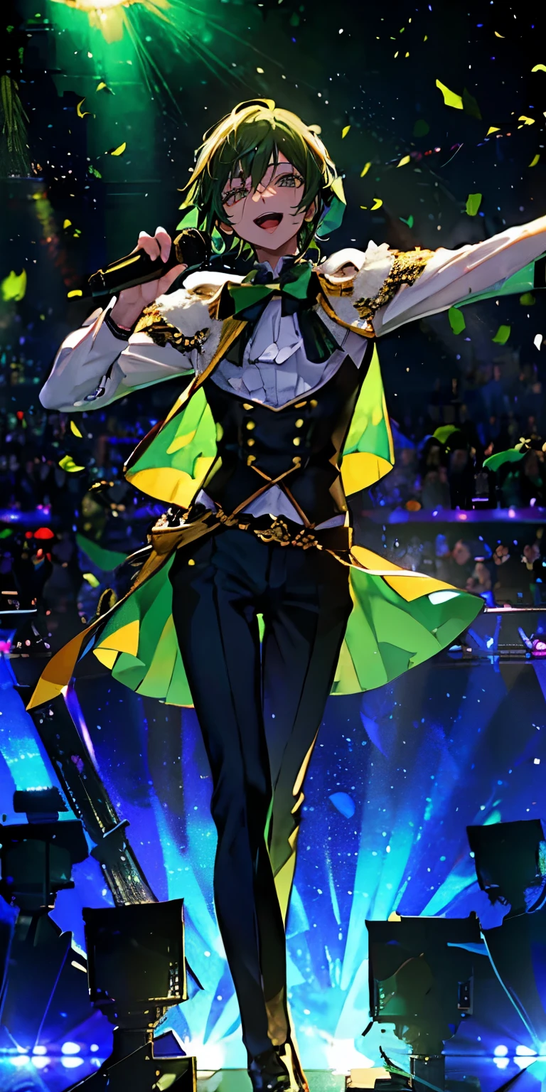 (Mastepiece), (Best Quality), Very detailed, ((1 boy)), Perfect Face, Beautiful Face, Very detailedな顔,((Green Hair_short hair_Green Eyes:1.3)),Male solo idol、Gorgeous idol costumes、Cape、boots、(pants:1.2)、(Hold the microphone)、stage、Concert Dome、Lots of confetti、(smile:1.4)、(Open your mouth wide)、sing、dance、Wink、Laser light、Spotlight