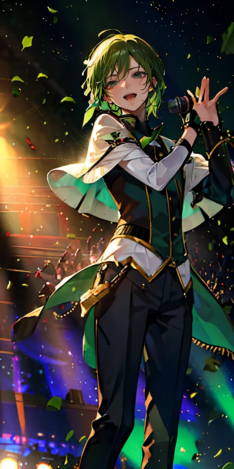 (Mastepiece), (Best Quality), Very detailed, ((1 boy)), Perfect Face, Beautiful Face, Very detailedな顔，((Green Hair_short hair_Green Eyes:1.3))，Male solo idol、Gorgeous idol costumes、Cape、boots、(pants:1.2)、(Hold the microphone)、stage、Concert Dome、Lots of confetti、(smile:1.4)、(Open your mouth wide)、sing、dance、Wink、Laser light、Spotlight