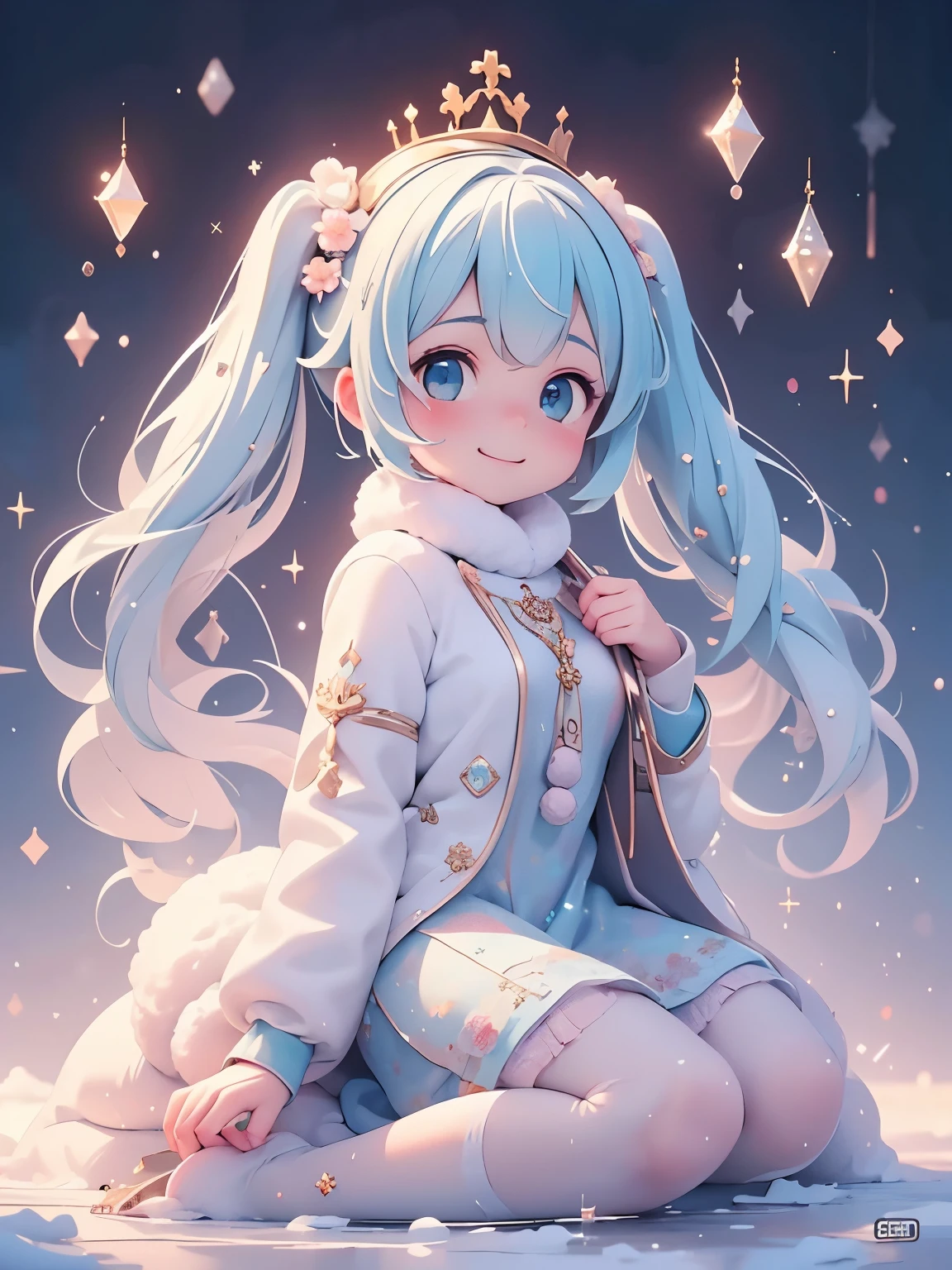 (masterpiece、highest quality、highest quality、Official Art、Beautiful and beautiful:1.2)、(One girl:1.3)Hatsune Miku、Twin tails,Big Breasts,masterpiece, highest quality, Very detailed, water colored pencils, whole body, Gradation, Focus on the background, holy place, winter, pretty girl, One girl, alone, Princess, Beautiful white hair, Beautiful white eyes, Beautiful Eyes, White skin, Crown, A light smile, Glitter effect, ice effect, Snow effect