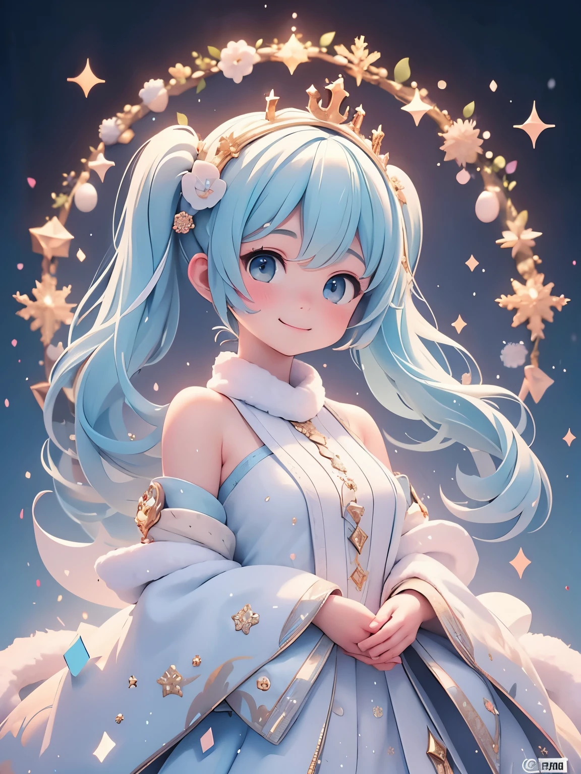 (masterpiece、highest quality、highest quality、Official Art、Beautiful and beautiful:1.2)、(One girl:1.3)Hatsune Miku、Twin tails,Big Breasts,masterpiece, highest quality, Very detailed, water colored pencils, whole body, Gradation, Focus on the background, holy place, winter, pretty girl, One girl, alone, Princess, Beautiful white hair, Beautiful white eyes, Beautiful Eyes, White skin, Crown, A light smile, Glitter effect, ice effect, Snow effect