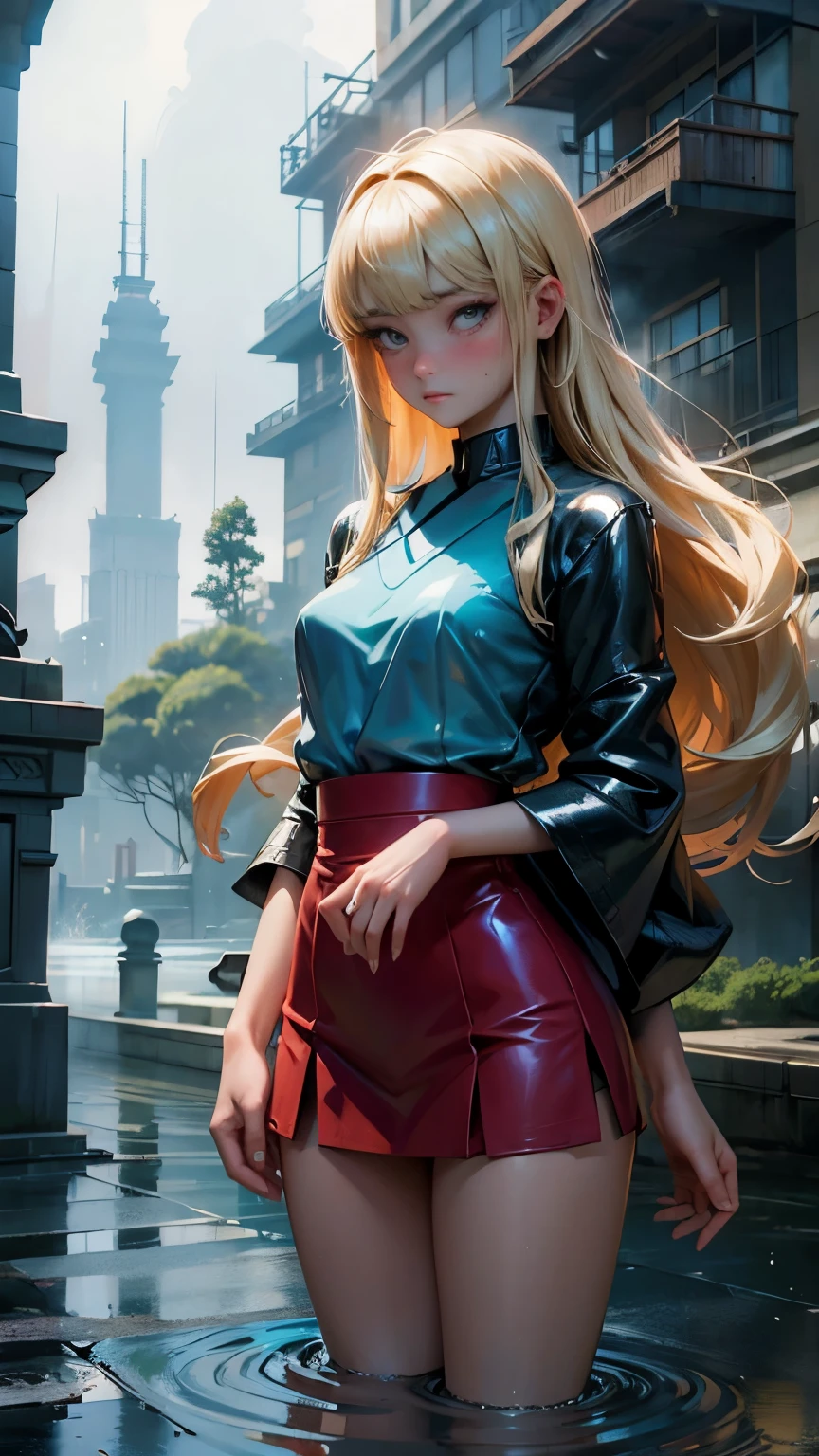 Conor Merriman, Katsuhiro Otomo, Surrealism, wonder, strange, fantastical, fantasy, Sci-fi, Japanese anime, dancing in the rain on a fountain in paradise, Rapunzel's attempt, miniskirt blonde beauty, perfect voluminous body, infinite in the sea of ​​boards, detailed masterpiece Hyper realistic sharp focus embarrassing shy coquettish blushing real 