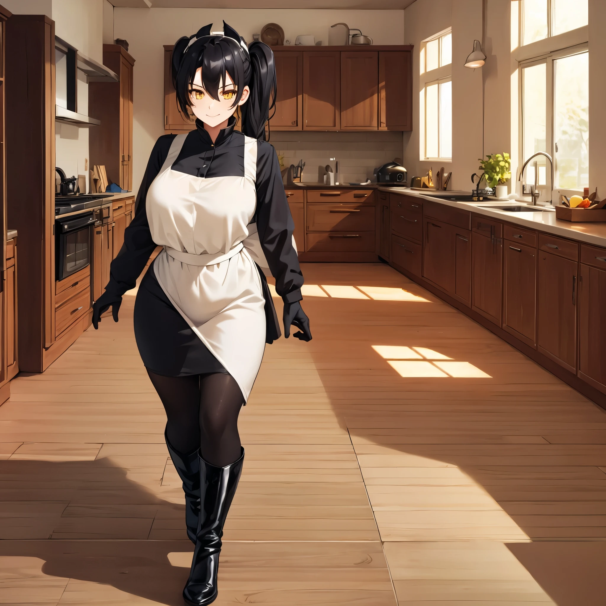 Woman with traditional maid uniform, black clothes, white apron, black hair, spherical pigtails, yellow eyes, large breasts, full body, black boots, black gloves, walking on the floor of a very complete and spacious kitchen , smiling, in a room of a modern house, (solo woman), glare, drop shadow, flower, UHD, masterpiece, accurate, anatomically correct, textured skin, super detail, high quality, best quality, 8k, high resolution
