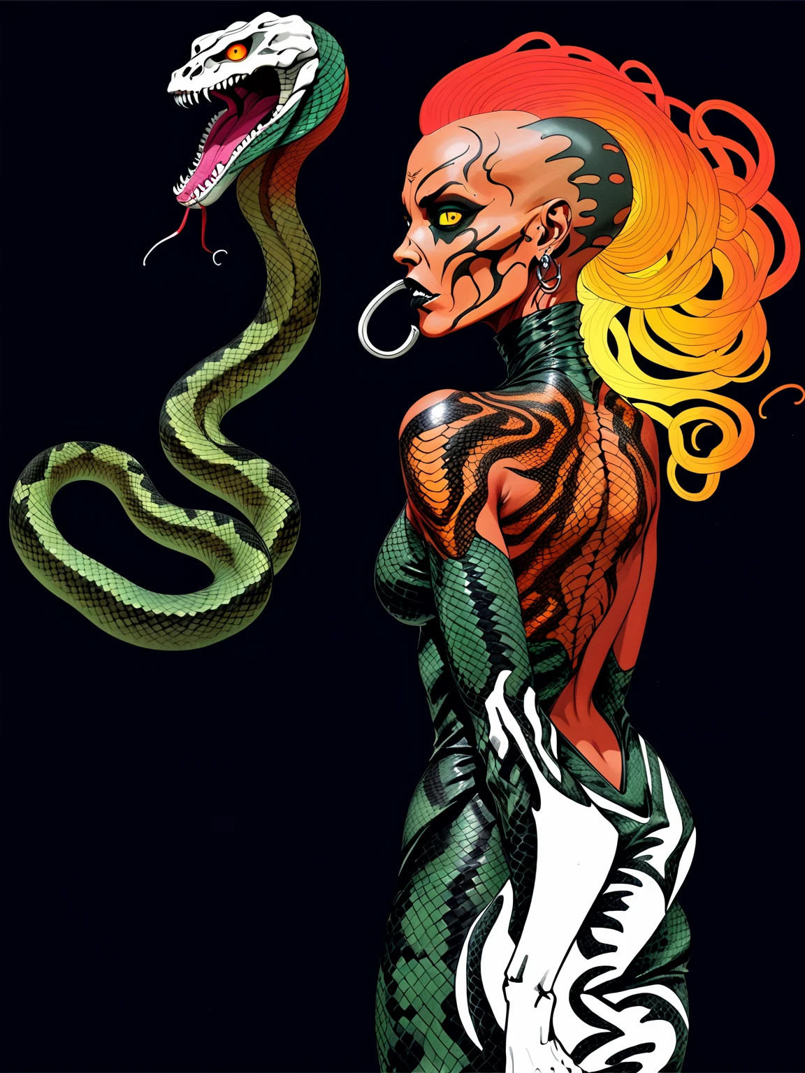 Medusa, colors, bleak muted deep fiery radiant glowing ROYGBIV, splash page decompressed comic cover art, ink style figure, ((expressive Joelle Jones and "Sean Gordon Murphy" comic drawing)), wordless, cinematic poster, double exposure, optical illusion, image within image, abyss void black no visibility darkness, full length portrait, (background, pine barrens, entropy, rewilding, magic hour sunset, galaxy stars, cosmos), (horror, abstract, surreal, body, cosmic), candid, snake skin dress, morphology anatomy drawn Frederic Delavier musculature anatomical illustration, (face, ornate black-metal corpsepaint face paint, resembles Grace Jones), (body, Naga, snakefolk, lower body snake tail, snake woman hybrid, bald, hairless, skeleton, snake skin tattoos, piercing eyes, snake pupils, over the shoulder), (colors, bleak muted deep fiery radiant glowing ROYGBIV, forest green, earth brown), craftsmanship nuance, (Gerardo Zaffino charcoal), subliminal orchids, nyctophobia, silhouette