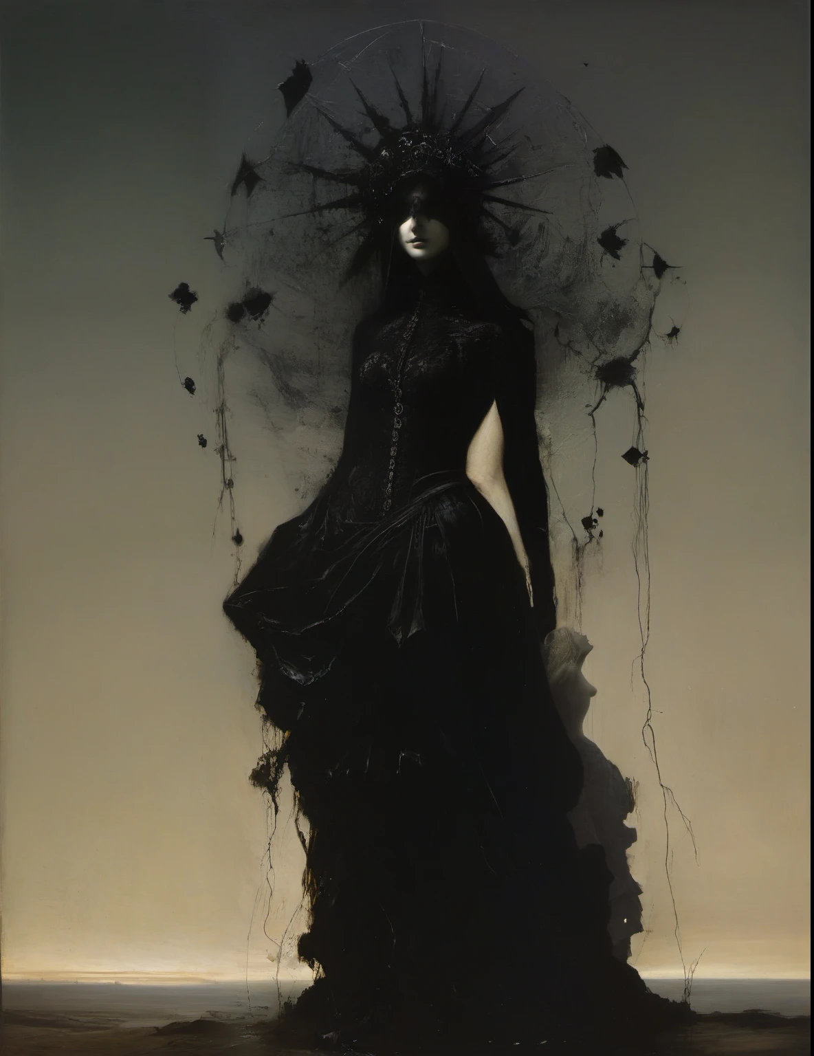 James Gurney, Surrealist art , dream-like, Mysterious, Provocative, symbolic, Complex, detailed,, (Gothic but very beautiful:1.4), (masterpiece, highest quality:1.4) , Nicola Samori Style, queen of darkness