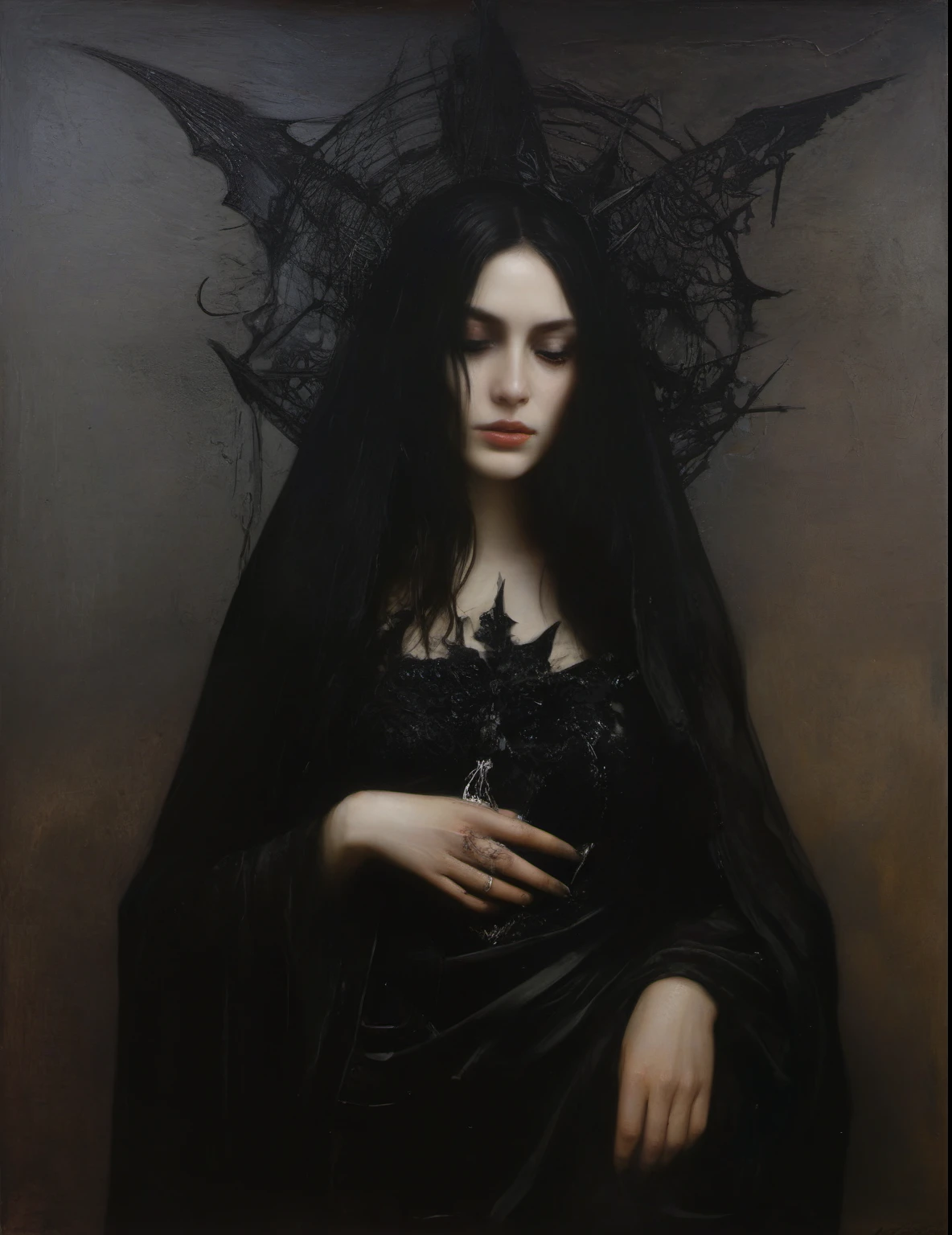 James Gurney, Surrealist art , dream-like, Mysterious, Provocative, symbolic, Complex, detailed,, (Gothic but very beautiful:1.4), (masterpiece, highest quality:1.4) , Nicola Samori Style, queen of darkness 
