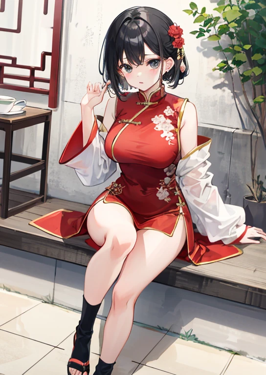 Red china clothes The skirt of the Chinese dress is short Large breasts Black Hair Embarrassed look Sitting
