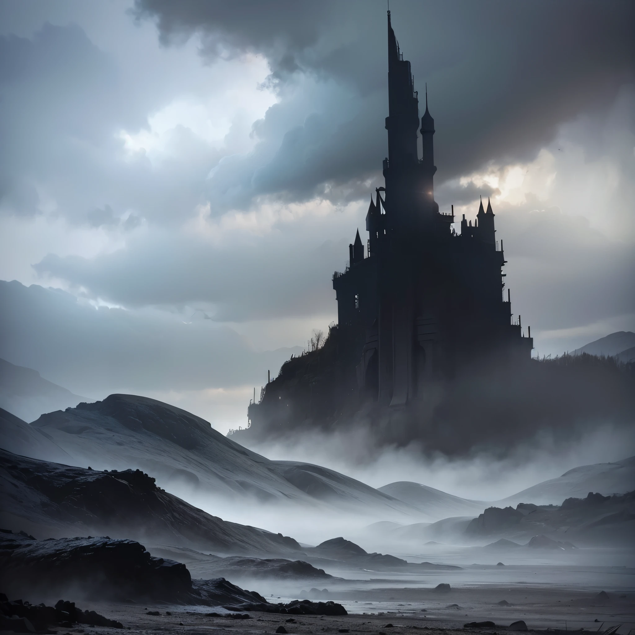 Mon tagne sombre avec de la brume post apocalyptique