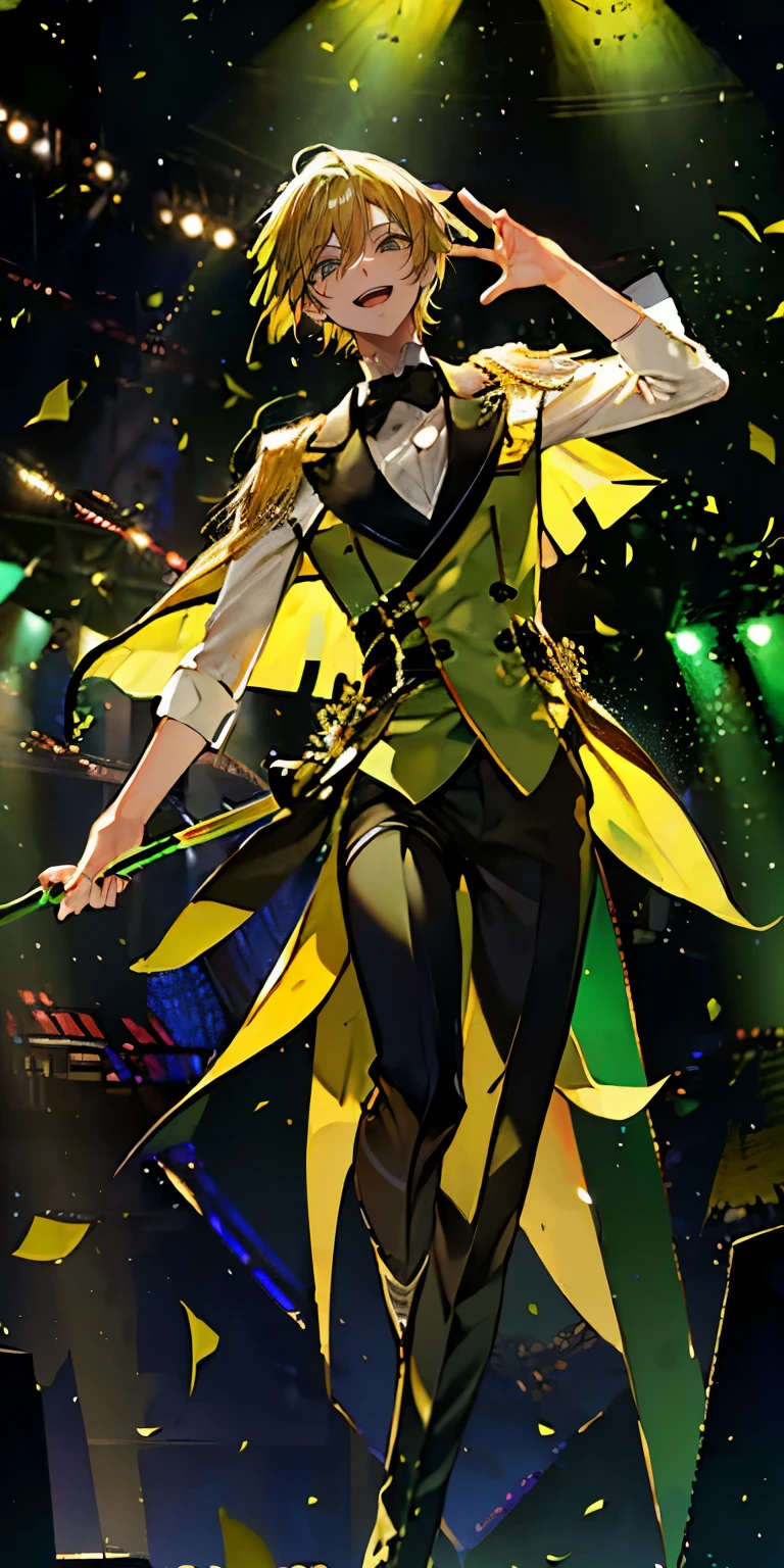 (Mastepiece), (Best Quality), Very detailed, ((1 boy)), Perfect Face, Beautiful Face, Very detailedな顔,((Yellow-green hair_short hair_Yellow-green eyes:1.3)),Male solo idol、Gorgeous idol costumes、Cape、boots、(pants:1.2)、(Hold the microphone)、stage、Concert Dome、Lots of confetti、(smile:1.4)、(Open your mouth wide)、sing、dance、Wink、Laser light、Spotlight