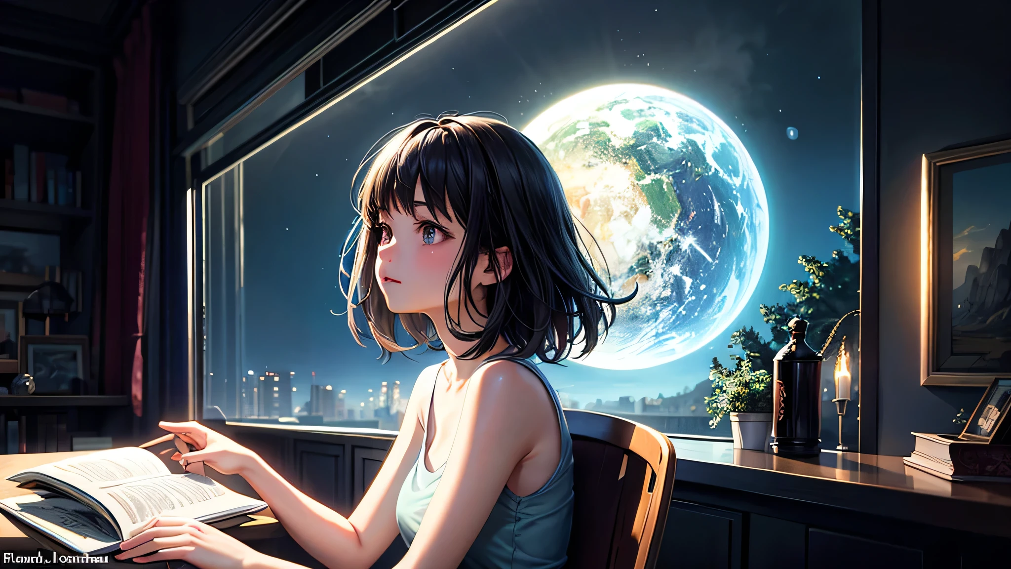 alone, Singular light, woman, face seen from the side, sideways, cosmic, fantsy, looking away:1.4, adult, busty, Ghibli-like design, living room, sitting, dark hair, studying, Completely, landscape orientation, side view, music