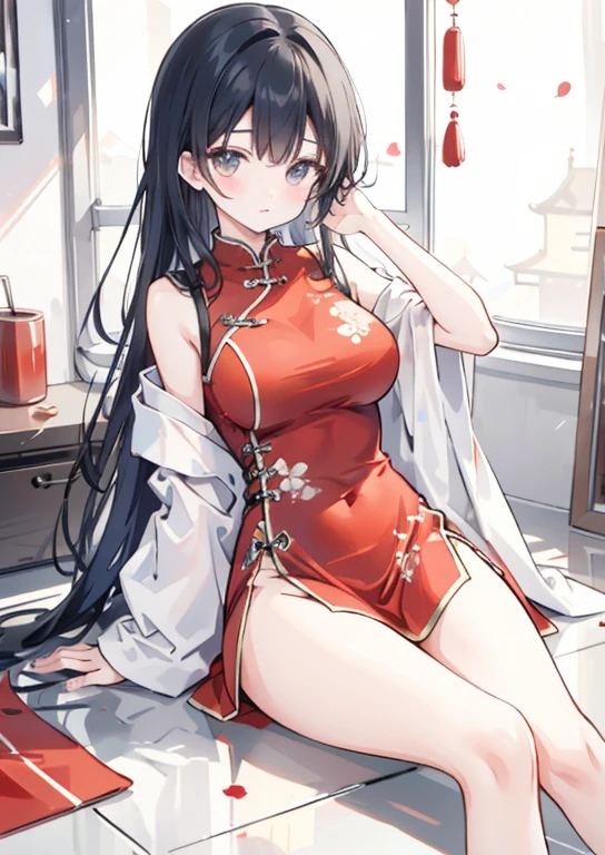 Red china clothes The skirt of the Chinese dress is short Large breasts Black Hair Embarrassed look Sitting on the floor