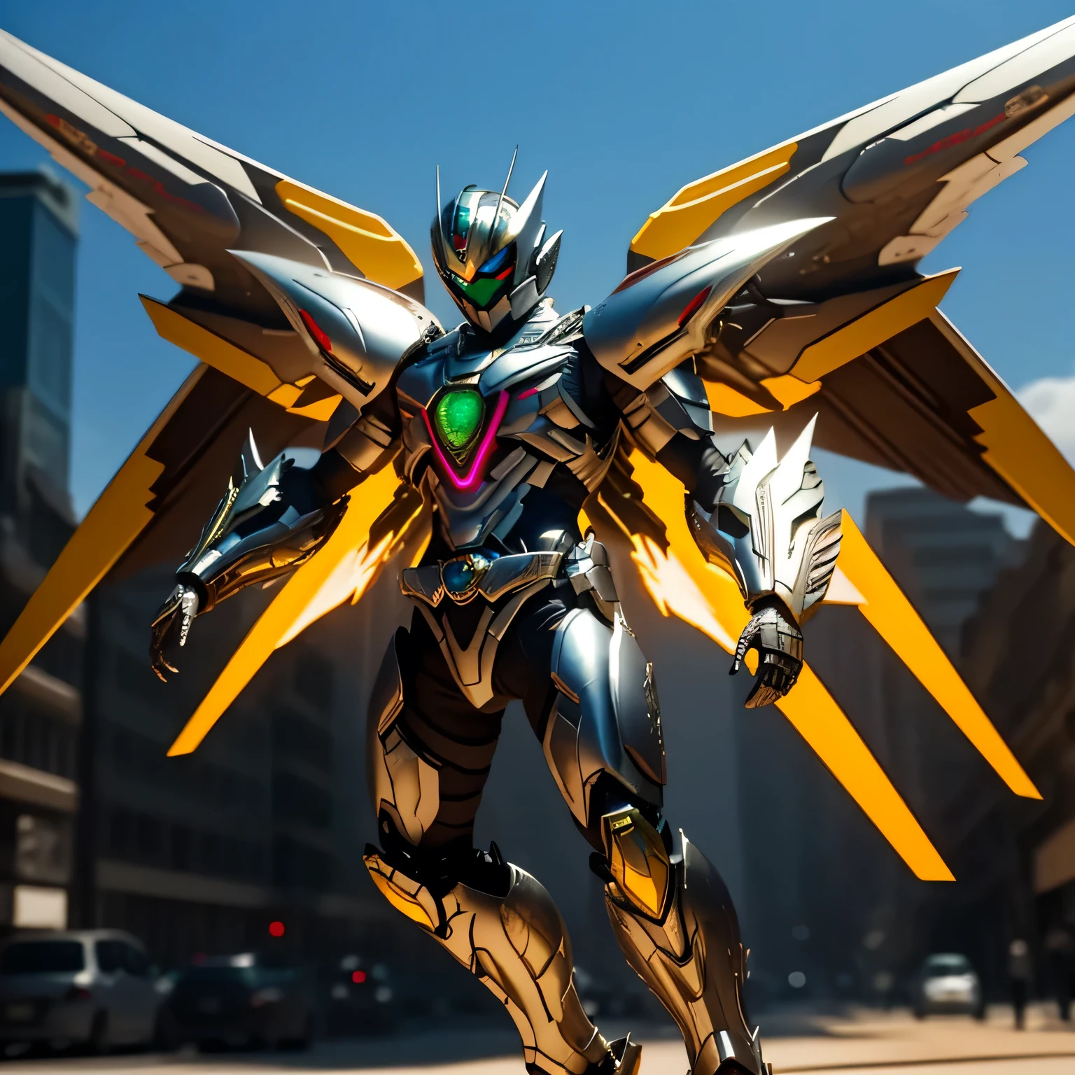 best quality)), ((masterpiece)), (detailed), perfect face, Silver, Jetpack Kamen Rider, City background, Single person, Sleek Jetpack Armor, Full Body, Stealth Jet Base, Kamen Rider, 1 male, Jetpack Armor, Flying in the Air, Dragon Attachments, Laser Jet Wing