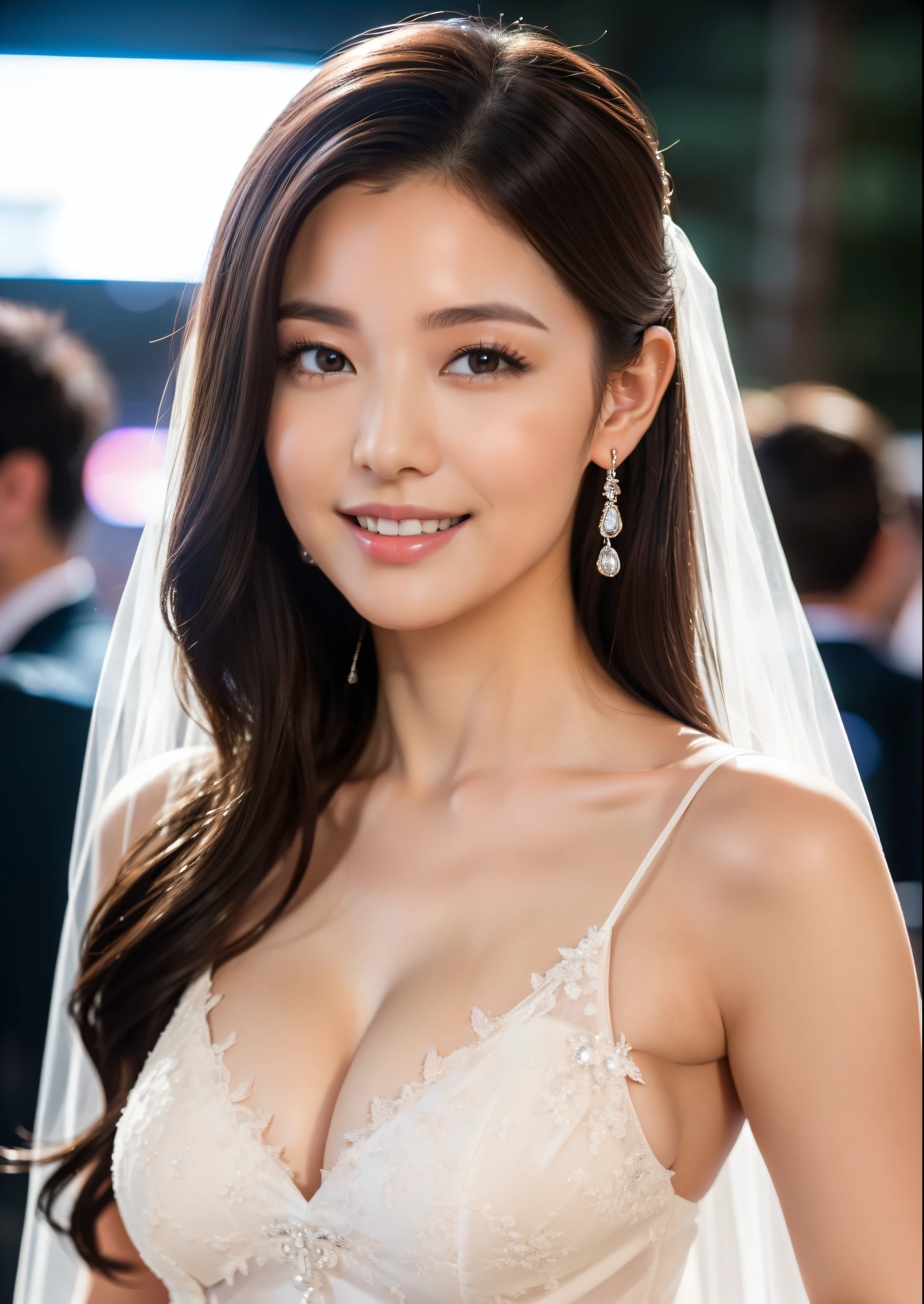 Beautiful 25 year old woman。She is wearing a wedding dress. She is smiling on illuminated by the evening church lights . romantic sunset. her dark brown hair. High resolution、masterpiece、highest quality、頭w:1.0、((Hasselblad Photos))、fine skin、(movie lighting)、clavicle . full body picture.