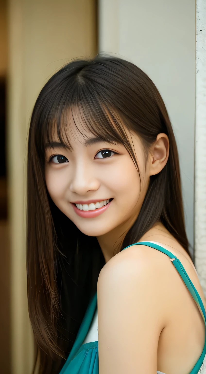 masterpiece,best quality,(Japanese ),((Beautiful girl)),indoor,(perfect body beauty:1.2),(shy smile),beautiful teeth,