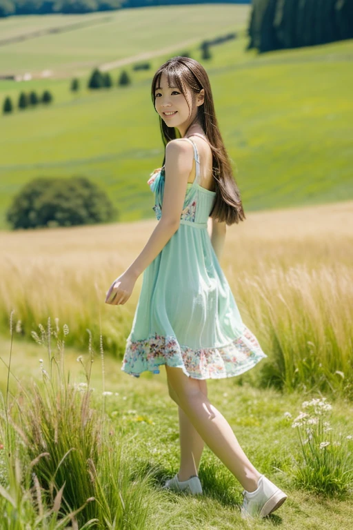 a beautiful japanese girl, 8k, super detail, best quality, masterpiece, (photorealistic:1.4), (Walking empty-handed through the grassland), (Summer Dresses), (full body:1.5), (long hair), 1 girl, solo, first-person view