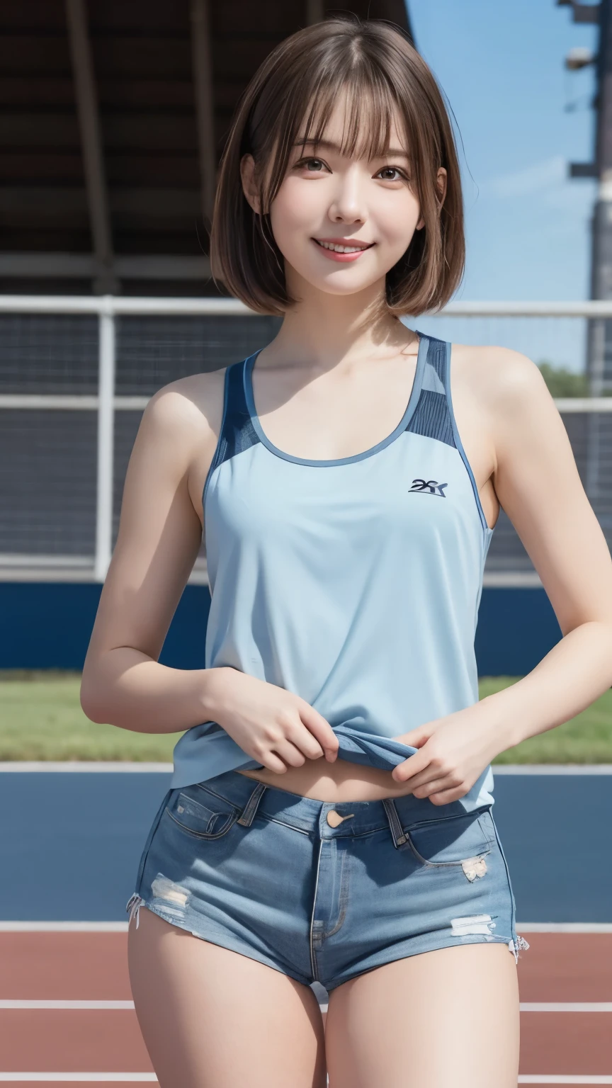 big eyes,shy  smile, The beauty of 8K raw photos:2.0, short hair, 18 years old,  stare at the camera, upward glance, （denim shorts:1.2), realistic:1.9, very detailed CG synthesis 8k wallpaper, very detailed, High resolution RAW color photos, (from bottom:1.3), professional photos, Photographed at track field , big eyes:1.3, random cute pose