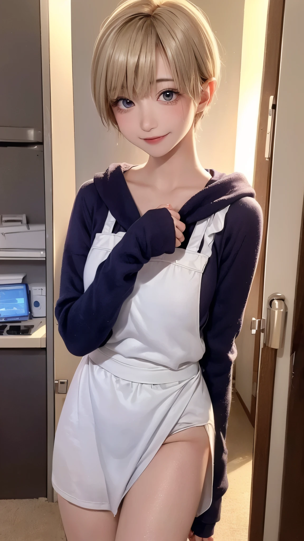 （tmasterpiece），（best qualtiy），8K，high detal,pov_doorway,1girl,blush,looking_at_viewer,cleavage,white hair,naked_apron,huge titasterpiece, highest quality, highest quality, Official Art, beautifully、beautiful:1.2, Cinema Lighting、Key light at 45 degrees from the front, Subsidy Light、Soft Backlight), Realistic depiction、photograph、Realistic depiction、Ultra-realistic、Raw Quality、


Beautiful face、Perfect round ass、the body is slim、(Accurate and detailed human body:1.5), Fit and body、Pale skin、Shiny, Bright Eyes、length eyelashes、
1 girl、alone、

accurate to the human body、Correct five-finger、The perfect human body、Knowledgeable person、Highly detailed face and skin texture、Natural neck length、(beautiful Hands)、beautiful, length, Thin legs、straighten both legs、Stretch your arms、
The perfect human body、Accurate human body、A perfect and accurate left hand、A perfect and accurate right hand、Perfect and precise fingers、


,Earrings,Big cleavage、

slim, (kind, Goddess-like eyes, happiness: 1.2), (Lip gloss, eyelash, Terrible face, highest quality, Ultra-high resolution, Wide Lighting, Natural Shading), Absolute area、

(((All these pajamaade from super soft fleece material.:1.8, zetai ryoiki, All these pajamaade from super soft fleece material shorts:1.3, Thick white horizontal stripes))), 

Detailed Background、
Background Blur、Detailed and beautiful background


 ((Random hand gestures)), 
(Blonde pixie short hair:1.3)、
Accurate 5-finger、Accurate human body、Perfect human body、(Little devil face:1.2, Little Devil Smile:1.3),

(((Big Breasts))),Bold Pose、sexy、Sensually、Ecstatic face、Being spoiled and pampered、Wide leg、(Sensual ecstatic smile:1.5)、indoor、Random Apartment Room Background、Window with a night view、(Pov, POV doorway:1.5)