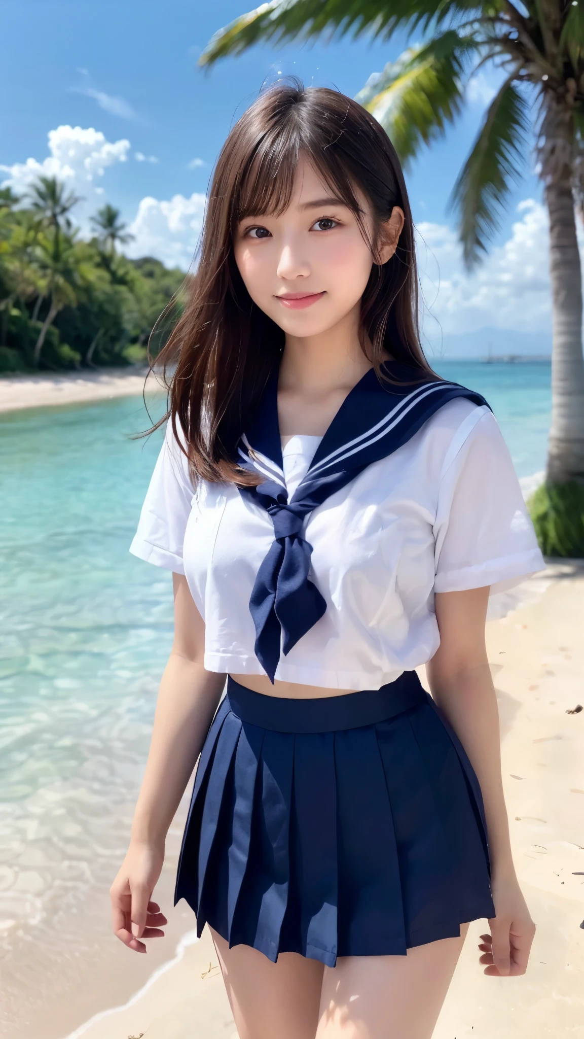 (best quality, 8k, 32k, masterpiece, UHD:1.2), (RAW photo), (realistic), (photorealistic:1.2), (high resolution), huge filesize, ultra-detailed, extremely beautiful face & eyes, 1girl, japanese elementary school student,, 13yoyo, rosmall face, baby face, thin waist, beautiful belly skin, large breasts, slim proportions, perfect thin thighs, small butt, (darkblue pleated mini skirt, japanese sailor, sailor fuku, serafuku, japanese school sailor suit, sailor red neckerchief), nice hands, perfect hands, accurate hand depiction, sweaty, shy smile, pure white teeth, from below, (blue sky, summer, sun, beach, palm tree, outdoors),