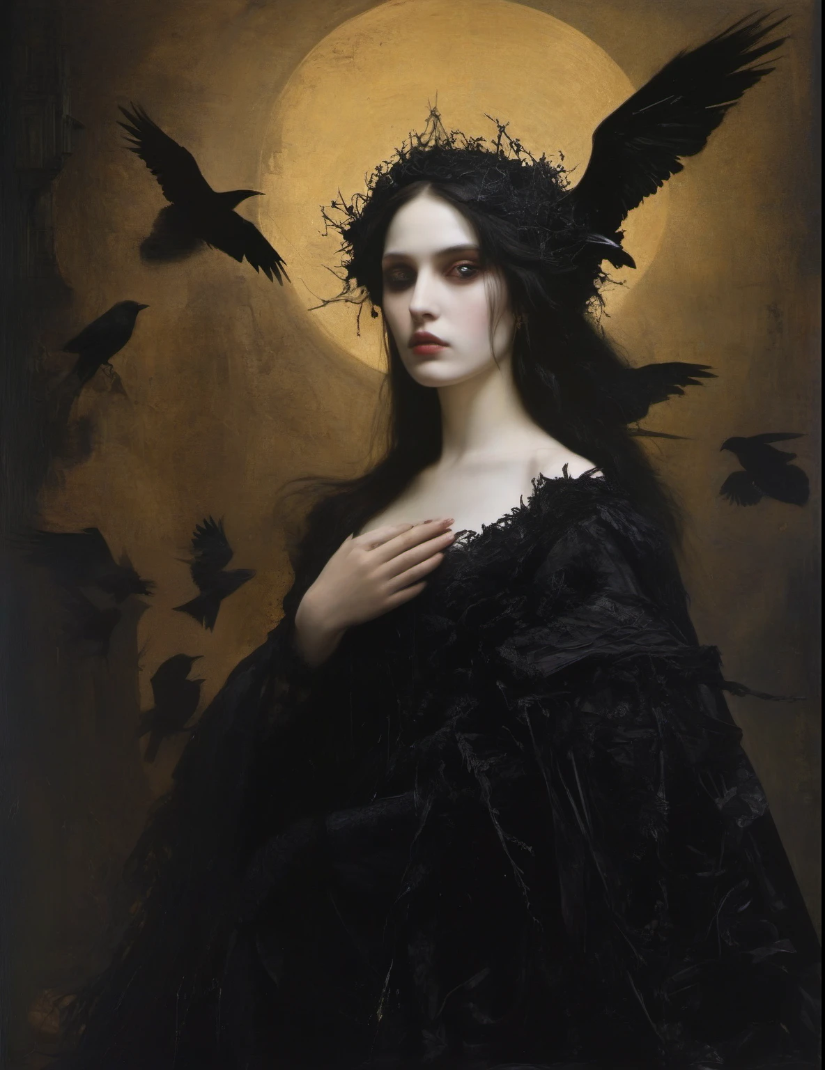 James Gurney, Surrealist art , dream-like, Mysterious, Provocative, symbolic, Complex, detailed,, (Gothic but very beautiful:1.4), (masterpiece, highest quality:1.4) , Nicola Samori Style, queen of ravens 
