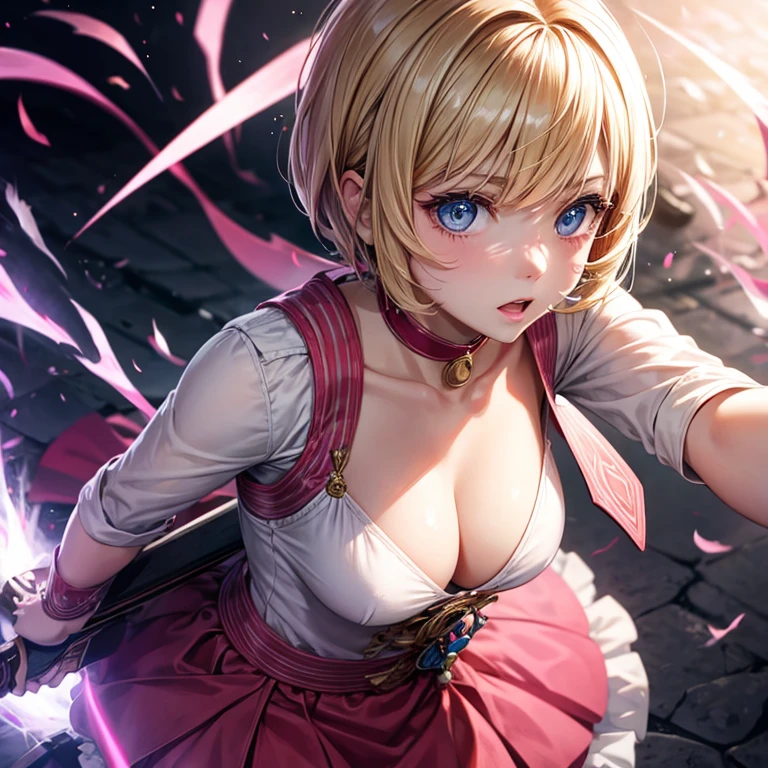 blonde girl, short hair, blue eyes, pink lips, pink and full cheeks, fighting outfit, with a weapon, with a cut on her cheek, face of someone who just came out of a battle