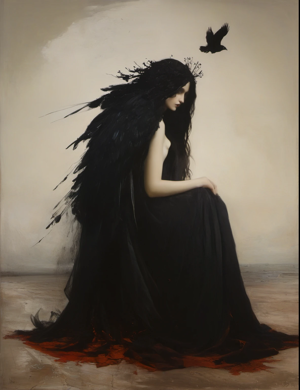 James Gurney, Surrealist art , dream-like, Mysterious, Provocative, symbolic, Complex, detailed,, (Gothic but very beautiful:1.4), (masterpiece, highest quality:1.4) , Nicola Samori Style, queen of ravens 
