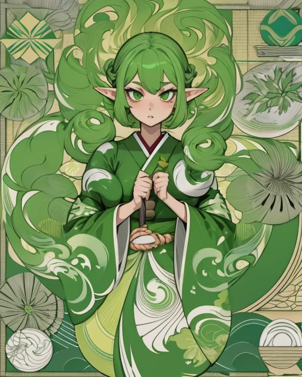 Elf hunter, feminine look, sexy hair, green outfit, leaves around body, swirling air movement, wide angle, full body view, loose fabric, geometric shapes, small breasts, lime pattern kimono, brushstrokes yellow, up-do hair, Bauhaus, geometric shapes