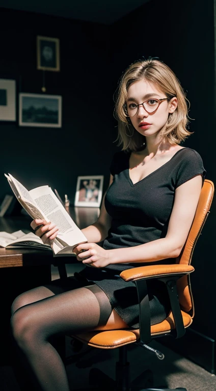 (whole body:1.5)，(((One adult woman)):1.3),(Displaying the viewer:1.4)，((Anatomically correct):1.45),((sit in office chair):1.2),(She wears big glasses、holding a book in hand:1.15),(shy:1.15)，(Using multiple colors）（suit:1.2), ,(pantyhose):1.3),( High heel leather shoes:1.1)，(Accurate and perfect face:1.3),(Blue eyed blonde:1.2)，Hyper HD, Ray Tracing, reflected light， Structurally correct, Awards, Attention to detail, Brighten the color contrast, Facial lighting ，Cinema Lighting, masterpiece, Super Detail, high quality, Attention to detail, 最high quality, 16k，High Contrast,