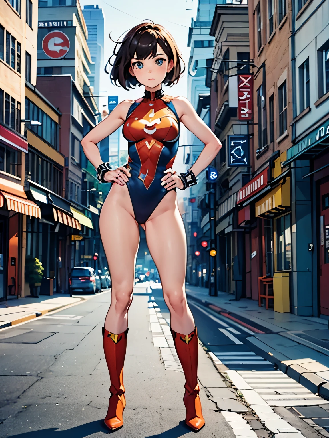 best quality, masterpiece, highres, 1girl, boots, breasts, bracelets, full body with costume, leotard, bare legs, medium breasts, perfect hands, complete fingers, perfect anatomy, perfect proportions, solo, solo focus, superhero girl, beautiful detailed eyes, beautiful detailed face, diffraction spikes, heroic, standing straight, hands on hip, city backdrop