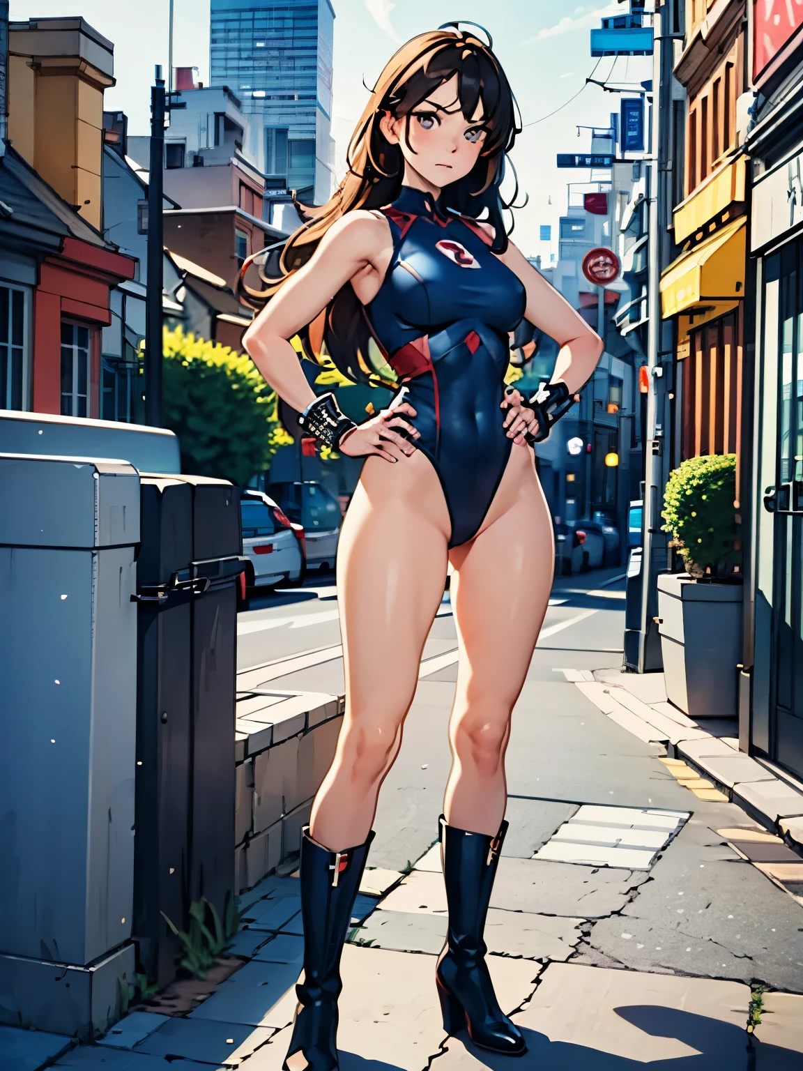 best quality, masterpiece, highres, 1girl, boots, , bracelets, full body with costume, leotard, bare legs, medium breastsct hands, complete fingers, perfect anatomy, perfect proportions, solo, solo focus, superhero girl, beautiful detailed eyes, beautiful detailed face, diffraction spikes, heroic, standing straight, hands on hip, city backdrop