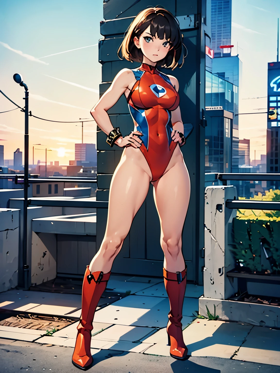 best quality, masterpiece, highres, 1girl, boots, breasts, bracelets, full body with costume, leotard, bare legs, medium breasts, perfect hands, complete fingers, perfect anatomy, perfect proportions, solo, solo focus, superhero girl, beautiful detailed eyes, beautiful detailed face, diffraction spikes, heroic, standing straight, hands on hip, city backdrop
