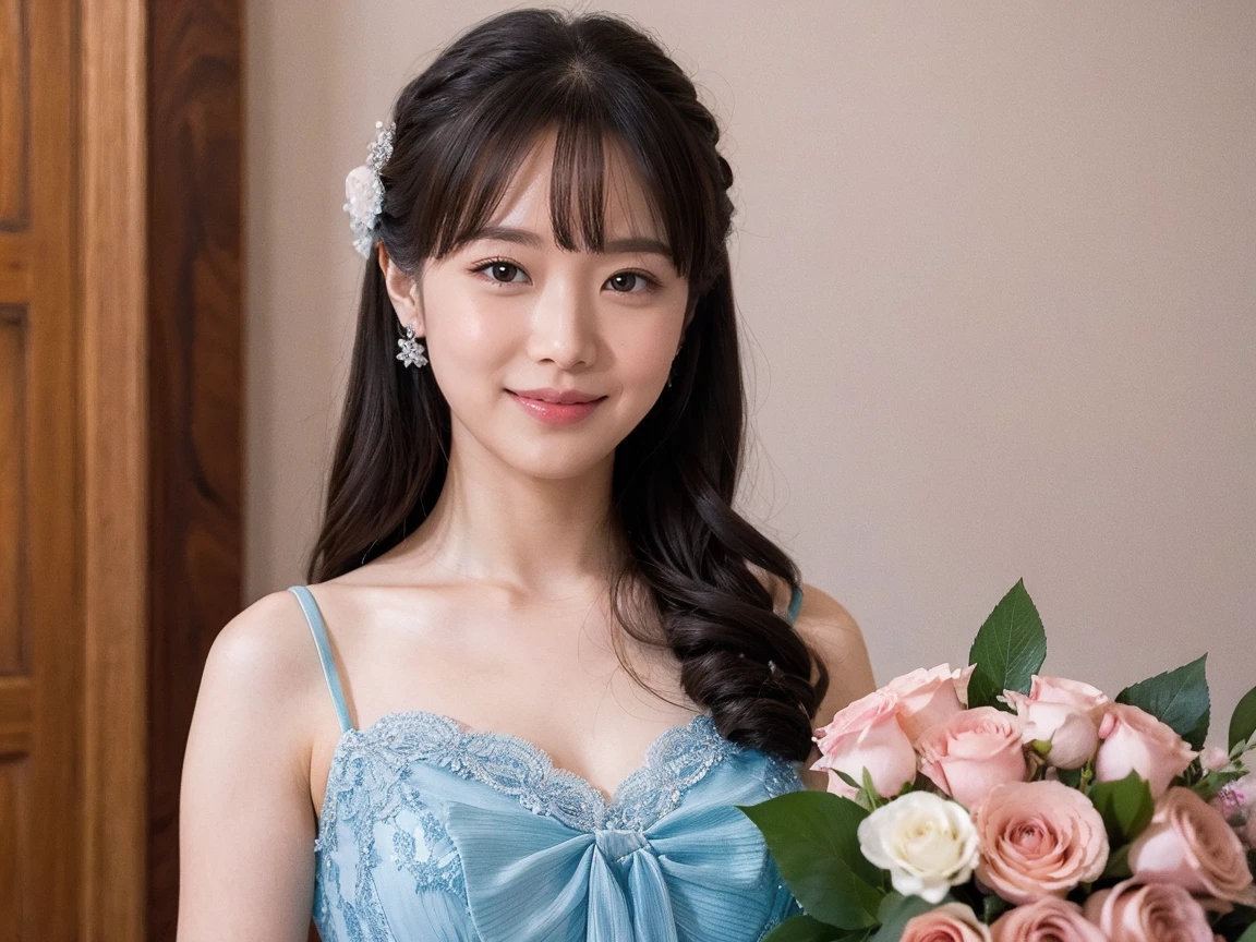 Medium Size Display, Medium Shot, Written boundary depth, bust, Upper Body, Movie angle, masterpiece, highest quality, Very detailed, CG, 8k wallpaper, Beautiful Face, Delicate eyes, Otome, alone, smile, bangs, have,Royal Blue Dress, bow, petal, Bouquet of roses