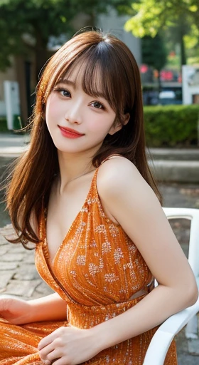 Tabletop, highest quality, figure, Very detailed, In detail, High resolution, 8k wallpaper, Perfect dynamic composition, Beautiful fine details, orange  dress,Medium Hair, Center of chest, Natural color lip, Random sexy poses,smile,Park in the evening、