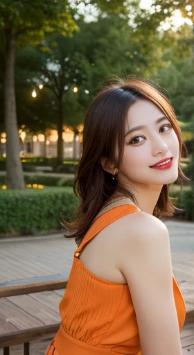 Tabletop, highest quality, figure, Very detailed, In detail, High resolution, 8k wallpaper, Perfect dynamic composition, Beautiful fine details, orange dress,Medium Hair, Center of chest, Natural color lip, Random sexy poses,smile,Park in the evening、