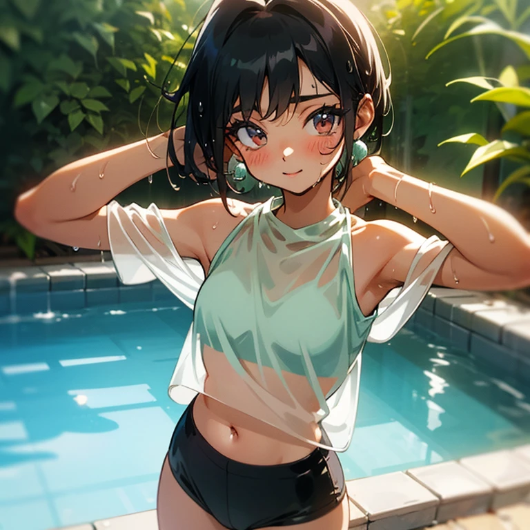 Cool girl、Boyish Girl、Sporty、tits、Wet and transparent、Wet, see-through clothes、Her halter neck camisole is wet and her underwear is visible、Navel Reveal Style、Wet、oil、slimy、Very short hair、black hair color、Shorts、
、high school girl、Gal、brown skin、garden、Pool、tall、Slender beauty、Curved waist、well tanned、Beautiful clavicle、Very slim body、Middle Eastern Girl、Earrings、