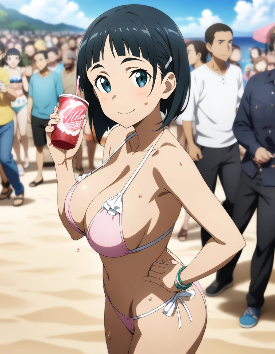 1girl, kirigaya suguha, sword art online, bikini, large breast, thong, beach, ready drink in one hand, sweat, smile, crowd, closed mouth, key visual, highly detailed, looking at viewer, full body, back view, masterpiece, best quality, very aesthetic, absurdres