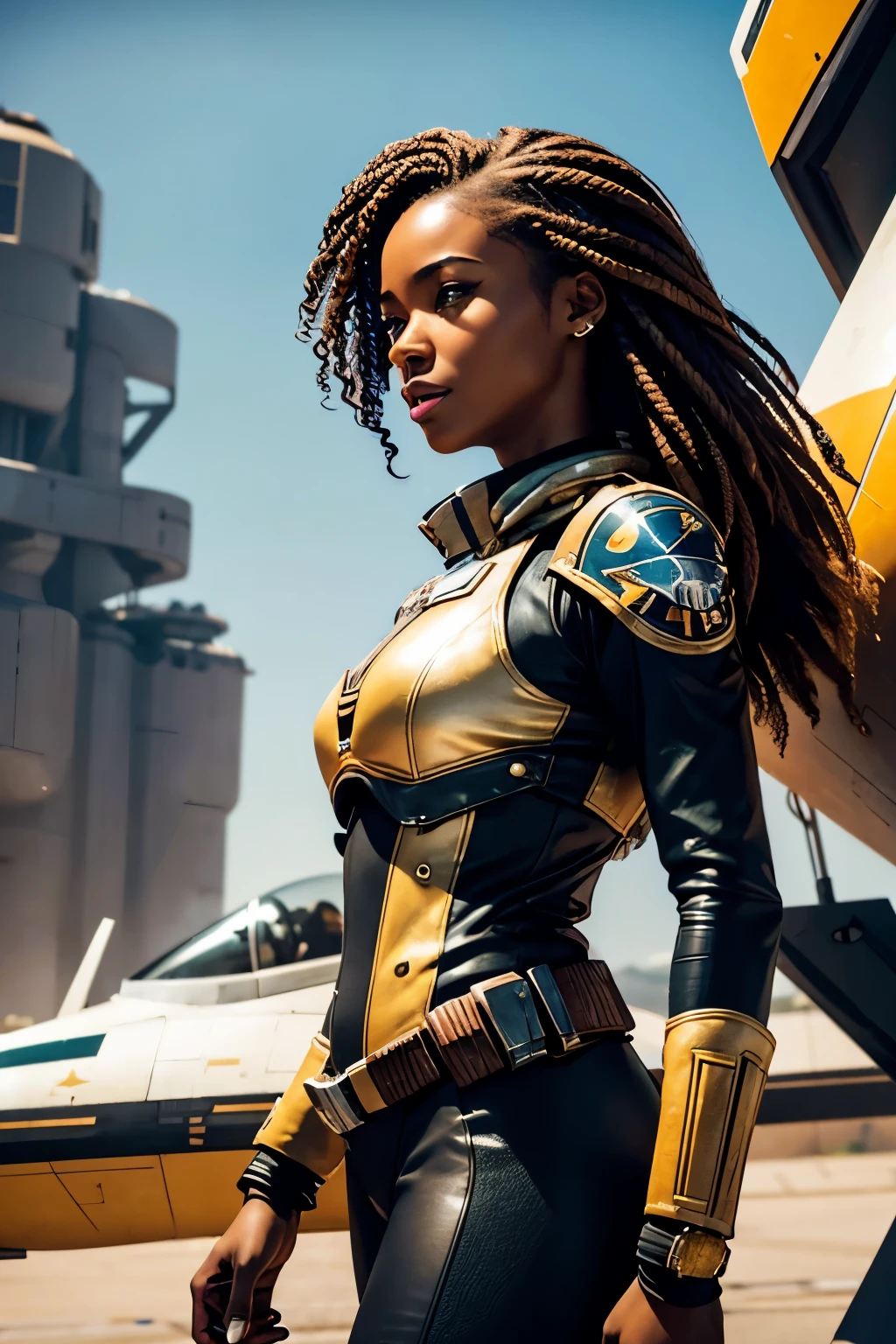 Jazz

Full Name: Jazmine "Jazz" Baako
Young and beautiful African woman in her mid-20s
Brilliant technological genius and weapons expert
Lithe and athletic build, often dresses in form-fitting bodysuits and vests
Warm golden brown skin, almond-shaped eyes and high cheekbones
Keeps her hair in constantly shifting futuristic hairstyles and colors
Highly skilled pilot and navigator, can fly anything from starfighters to freighters
Upbeat and energetic personality, jokes around even in dire situations
Romantic tension and witty banter between her and the gruff Rex
Was a  prodigy raised by the bounty hunter guild before leaving with Rex