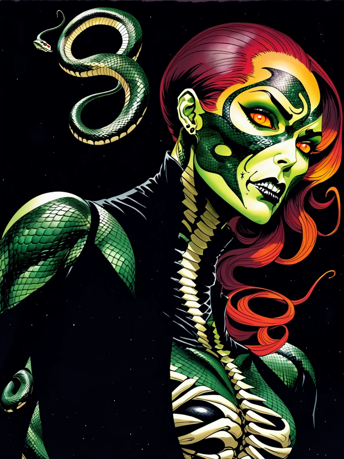 Medusa, colors, bleak muted deep fiery radiant glowing ROYGBIV, splash page decompressed comic cover art, ink style figure, ((expressive Joelle Jones and "Sean Gordon Murphy" comic drawing)), wordless, cinematic poster, double exposure, optical illusion, image within image, abyss void black no visibility darkness, full length portrait, (background, pine barrens, entropy, rewilding, magic hour sunset, galaxy stars, cosmos), (horror, abstract, surreal, body, cosmic), candid, snake skin dress, morphology anatomy drawn Frederic Delavier musculature anatomical illustration, (face, ornate black-metal corpsepaint face paint, resembles Grace Jones), (body, Naga, snakefolk, lower body snake tail, snake woman hybrid, bald, hairless, skeleton, snake skin tattoos, piercing eyes, snake pupils, over the shoulder), (colors, bleak muted deep fiery radiant glowing ROYGBIV, forest green, earth brown), craftsmanship nuance, (Gerardo Zaffino charcoal), subliminal orchids, nyctophobia, silhouette