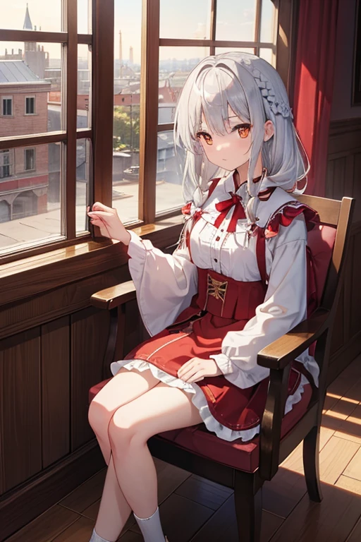 masterpiece, highest quality, High resolution, -yeld giGolden Eyes、
Silver Hair, Braiding、Crimson Dress, Western-style building、Sit by the window