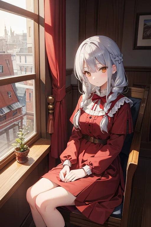 masterpiece, highest quality, High resolution, ****************、Golden Eyes、
Silver Hair,  Braiding、Crimson Dress, Western-style building、Sit by the window