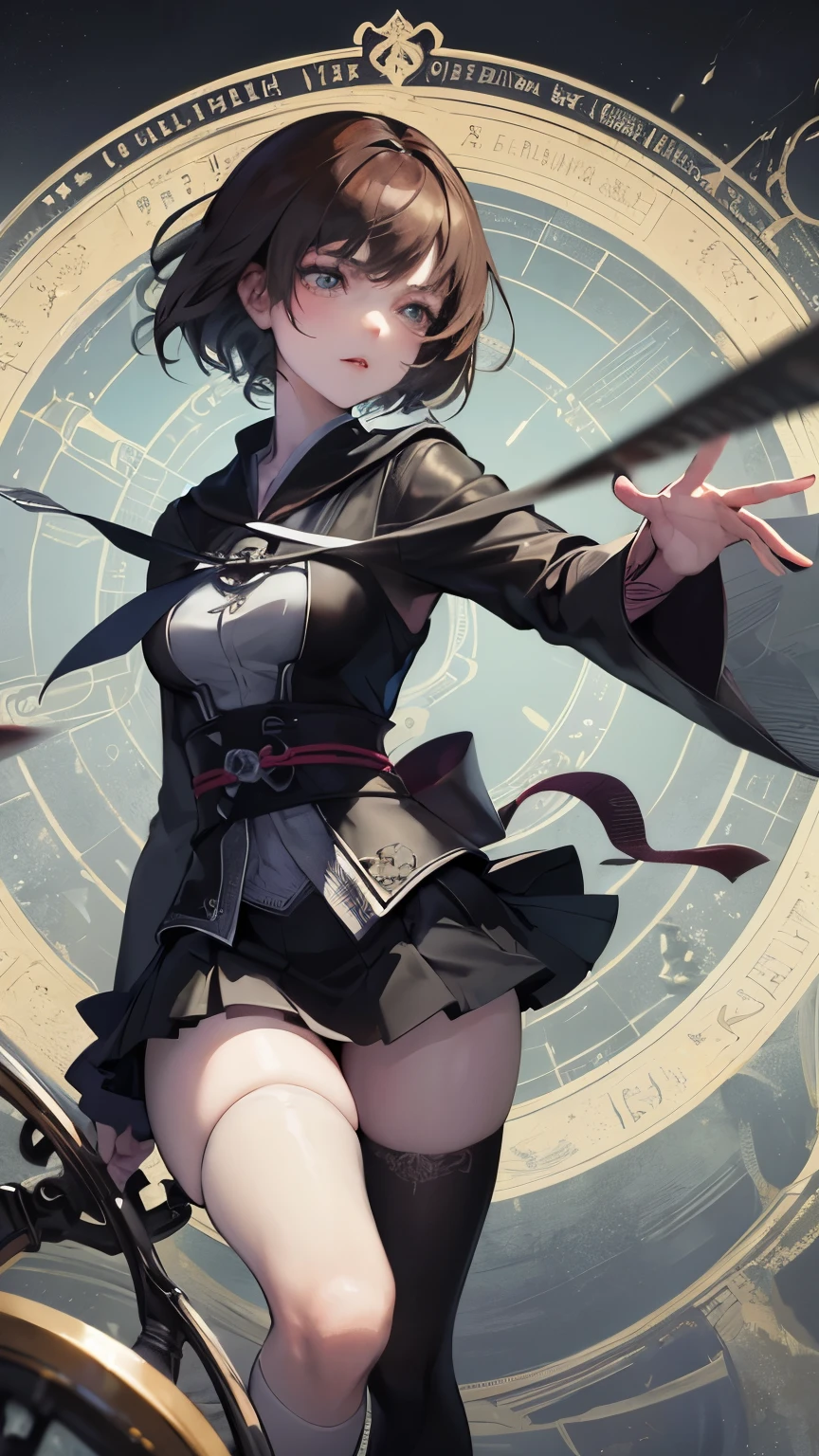 Shannon Bergin, Jane Carkill, Arthur Rackham, Surrealism, strange, bizarre, fantastical, fantasy, Sci-fi, Japanese anime, spinning wheel, beautiful high school girl in a miniskirt, perfect voluminous body, short hair, boyish, borderline world, commuting route to school, detailed masterpiece Hyper realistic sharp focus cinematic lighting