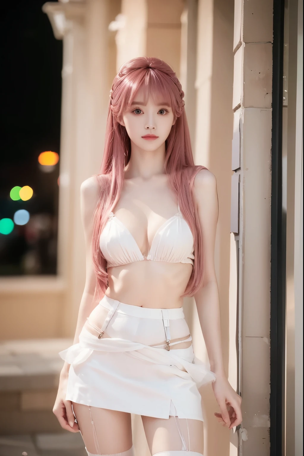 Beautiful woman with perfect body：1.4，Layered Hairstyle，Prominent cleavage，Highly detailed face and skin textures，Double eyelids，Skin Whitening，Long hair，Whitened long legs，Pink hair，（Tight suspenders，miniskirt，White pantyhose）Stand under the stars