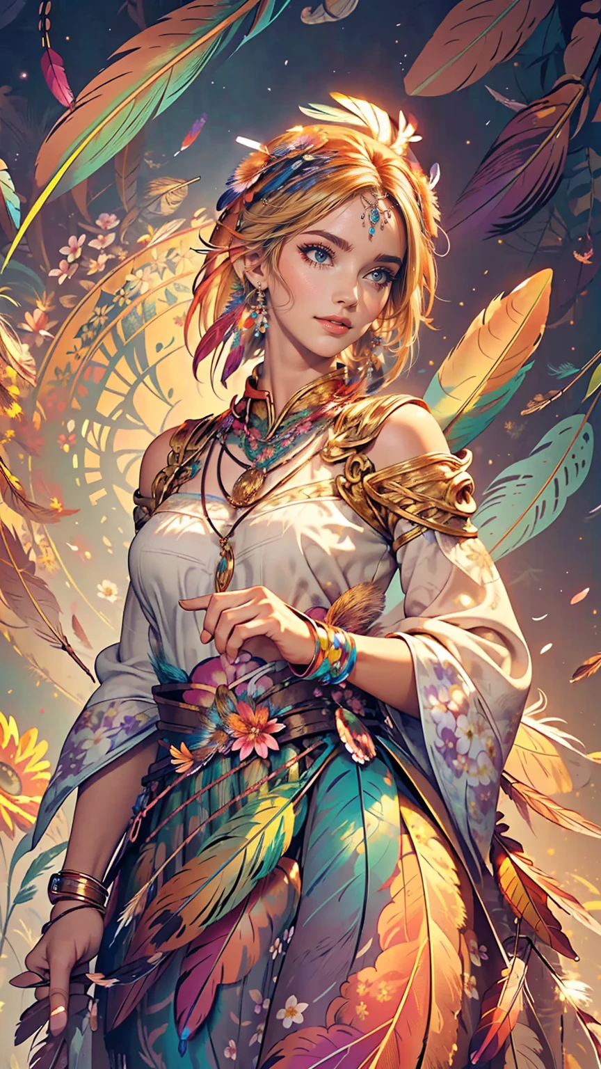 (Official Art, beautifully、aesthetic:1.2), (One girl:1.3),(Fractal Art:1.1),(colorful:1.1)(Flowers:1.3),Most detailed,(Tangled:1.2), whole body, (Abstract background:1.3), (Shiny skin), (Many colors:1.4), ,(Earrings), (feather:1.5),