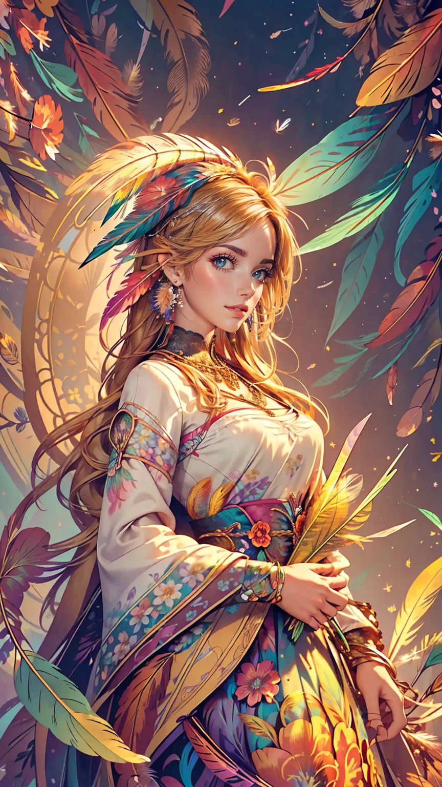 (Official Art, beautifully、aesthetic:1.2), (One girl:1.3),(Fractal Art:1.1),(colorful:1.1)(Flowers:1.3),Most detailed,(Tangled:1.2), whole body, (Abstract background:1.3), (Shiny skin), (Many colors:1.4), ,(Earrings), (feather:1.5),