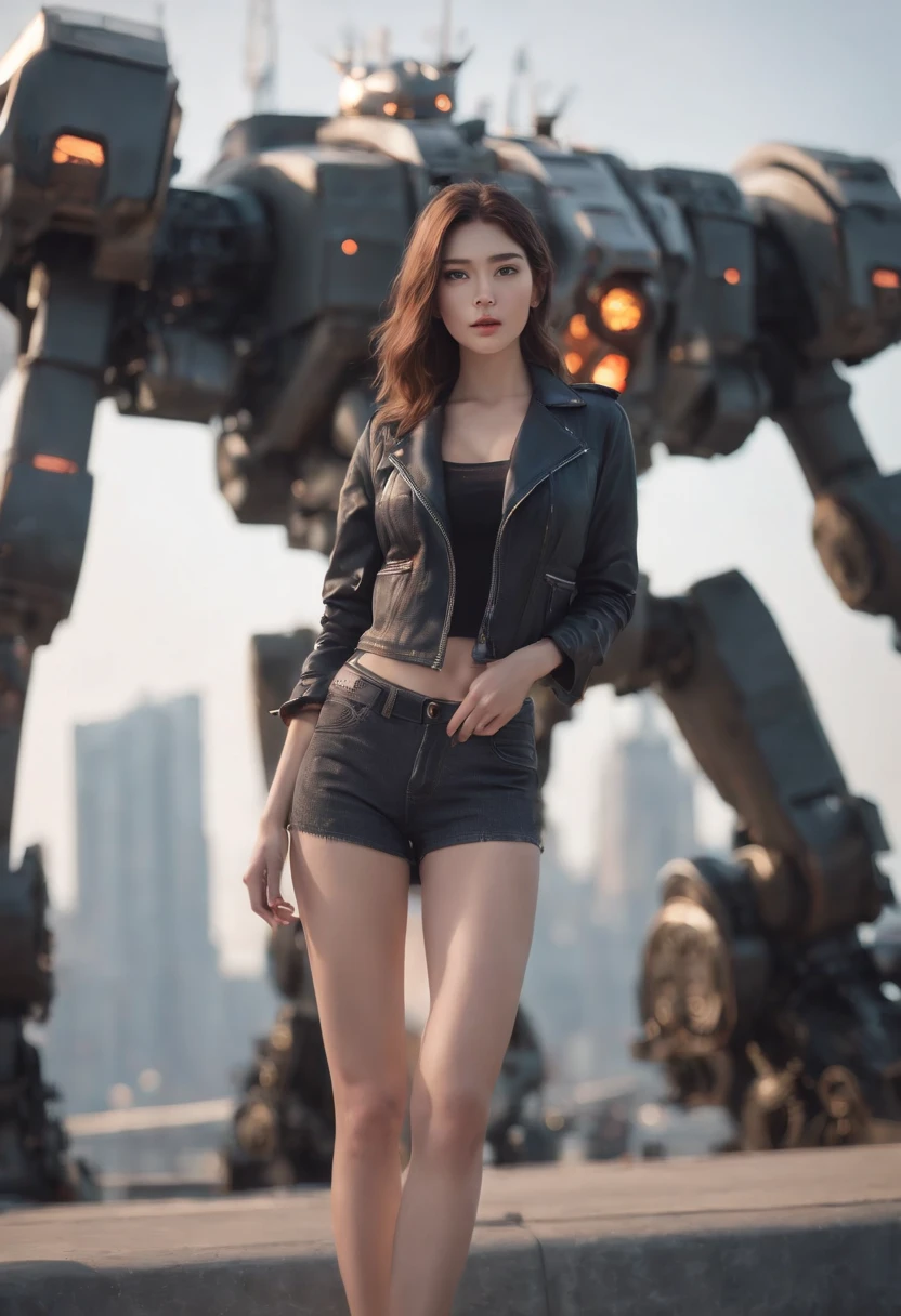 anime girl in short shorts and jacket standing next to giant robot, artwork in the style of guweiz, cyberpunk anime girl mech, trending on cgstation, guweiz, by Russell Dongjun Lu, digital cyberpunk anime art, ross tran 8 k, guweiz on artstation pixiv, girl in mecha cyber armor