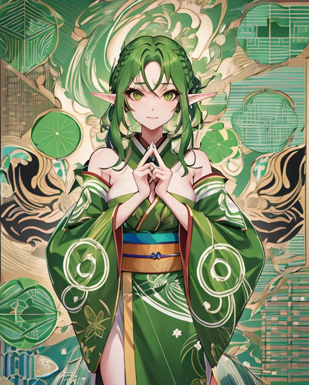 Elf hunter, feminine look, sexy hair, green outfit, leaves around body, swirling air movement, wide angle, full body view, loose fabric, geometric shapes, small breasts, lime pattern kimono, brushstrokes yellow, up-do hair, Bauhaus, geometric shapes