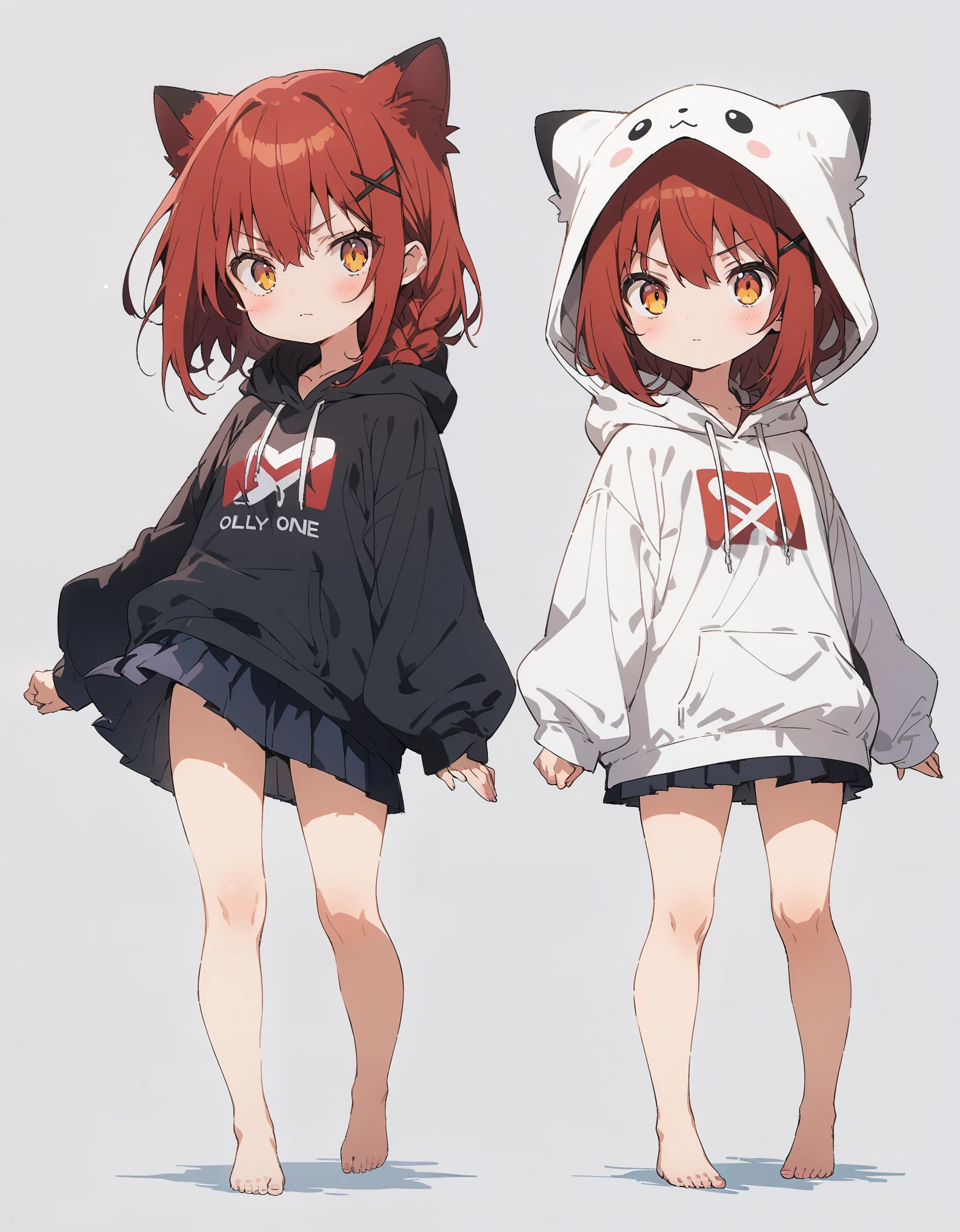 White background、Solid white background、Blank background、just standing girl, only one girl、Full body shot from the front,Girls staring at each other,Ultra-high resolution, highest quality,fish-bone braid hair、Fishbone Hair、red hair、busty、beautiful detailed eyes、Red hair x yellow eyes、yellow eyes、Serious expression、 plain black hoodie、Black pleated skirt、barefoot