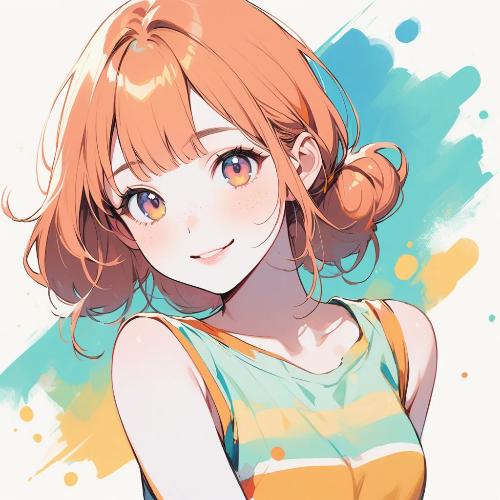 Girl, slim, pale skin, light hazel eyes, freckles, pastel orange hair, ginger, short bangs, low buns, beautiful, tiny buns, thick bangs, face close-up, soft, delicate, playful, smiling, flat, colorful crop top